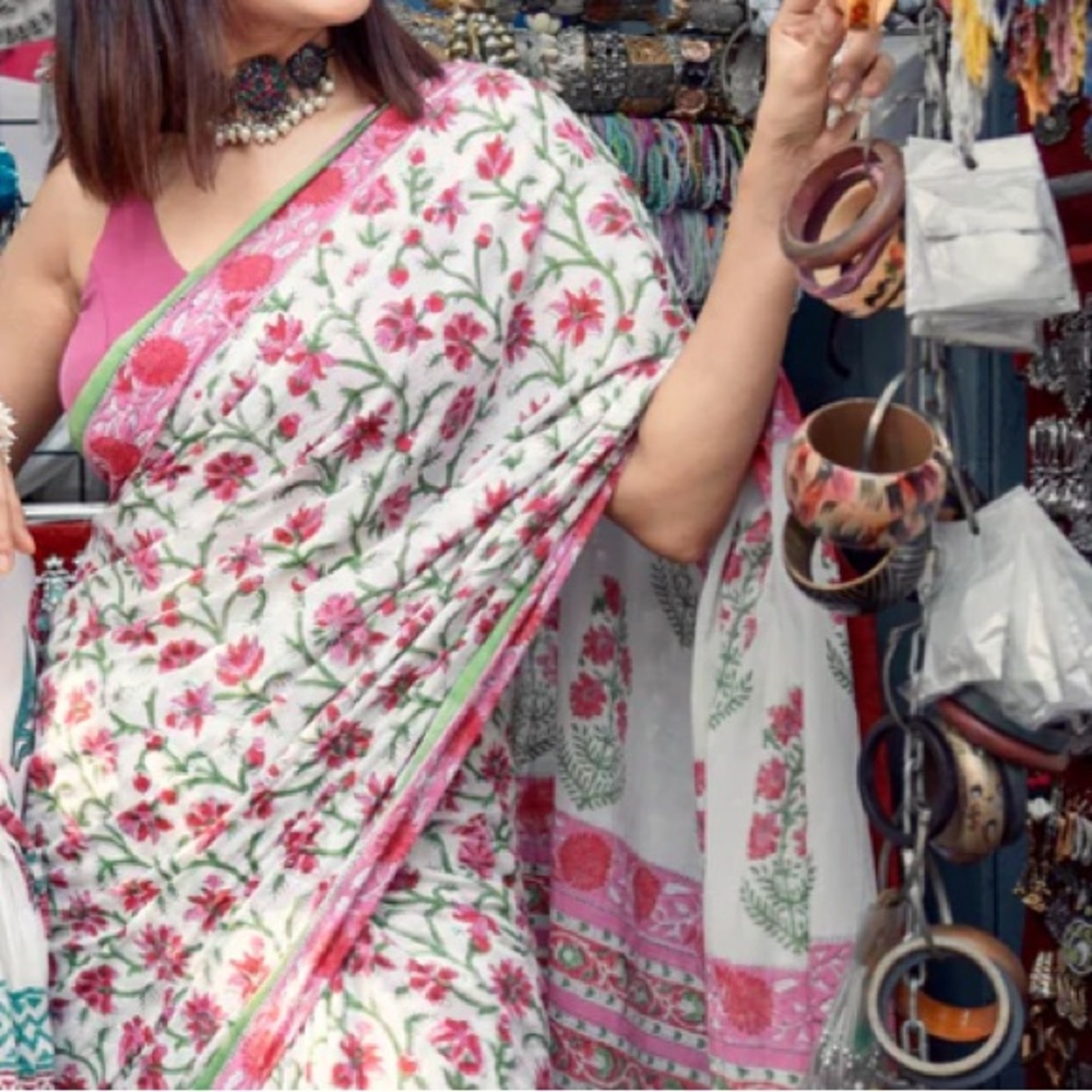 Floral Print Fabric with Pink and Green Accents New block Print cotton Saree - Picture 3 of 15